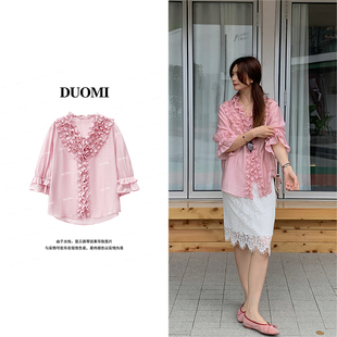 DUOMI【絮雨胭柔】夏新时尚百搭花边设计感衬衫女小衫上衣女D8580