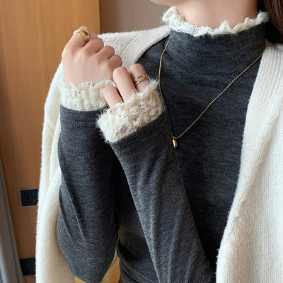 加厚蕾丝花边半高领打底衫女秋冬季内搭修身抗寒保暖针织外穿上衣