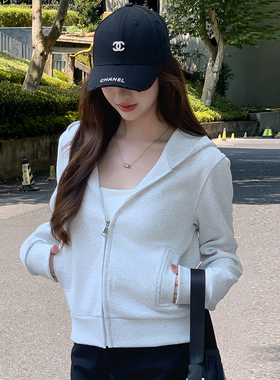 灰色连帽卫衣外套女2025春秋新款韩系宽松休闲小个子短款开衫上衣