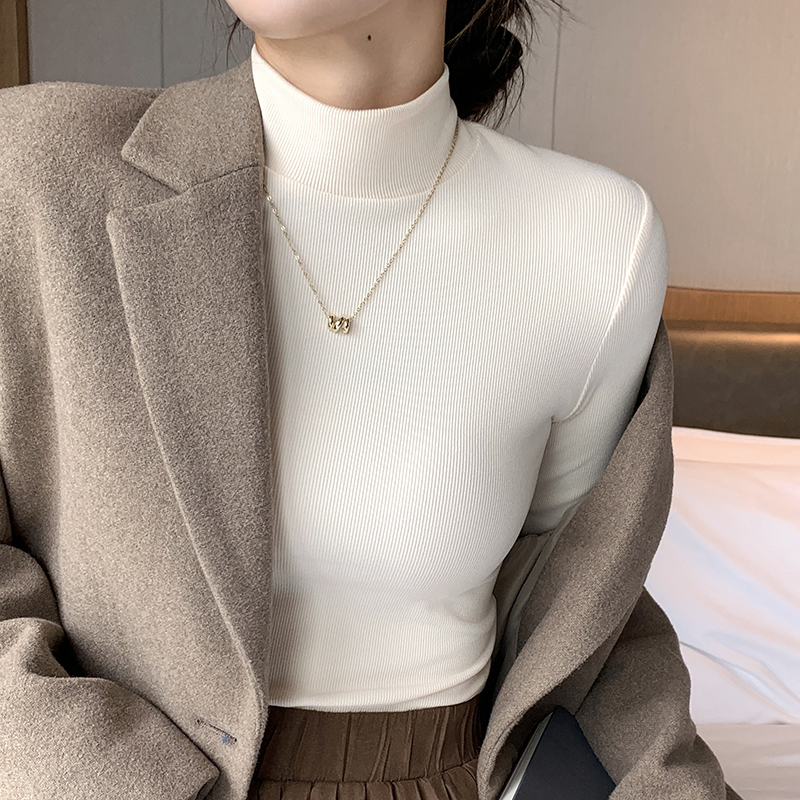 椰绒半高领打底衫女秋冬内搭2024新款修身显瘦螺纹针织衫保暖上衣