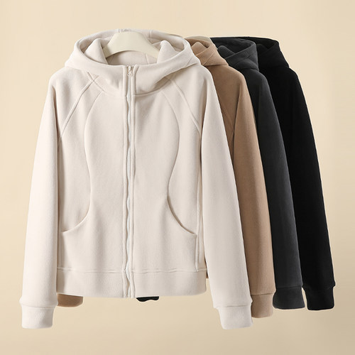 双面摇粒绒运动短外套女秋冬季2024新款加绒宽松连帽夹克保暖上衣