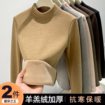 椰绒半高领打底衫女秋冬季内搭2024新款修身加绒加厚防风保暖上衣