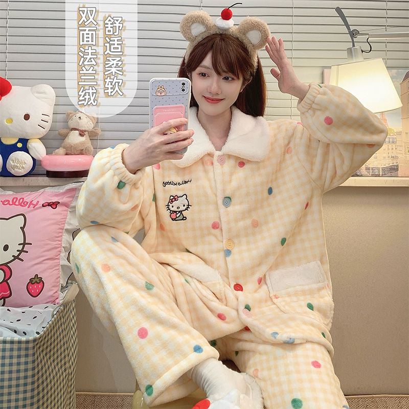 可爱KT猫珊瑚绒睡衣女士秋冬季加厚毛绒长袖保暖家居服套装可外穿