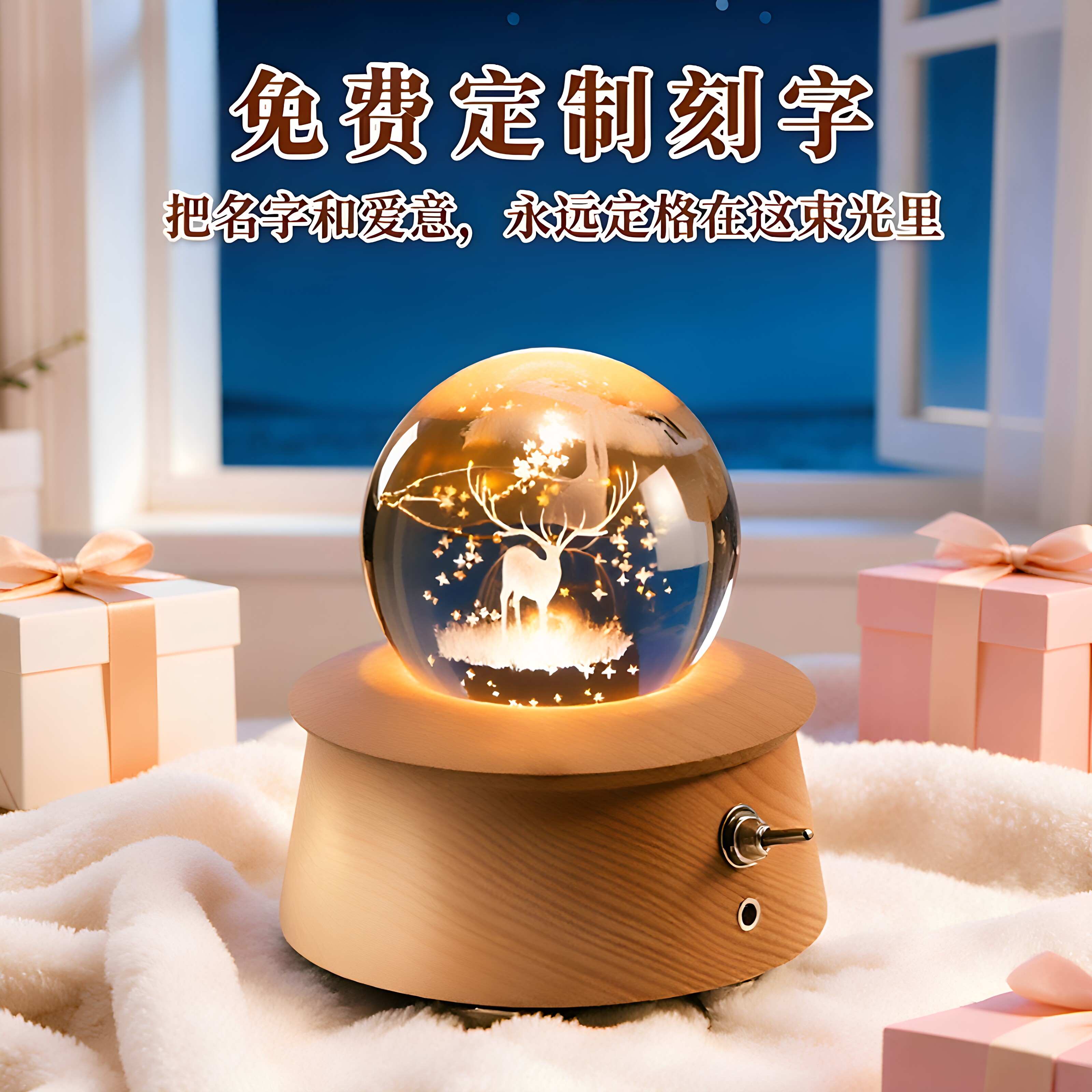 生日礼物水晶球木质可旋转音乐盒八音盒儿童女生女孩女童发光摆件