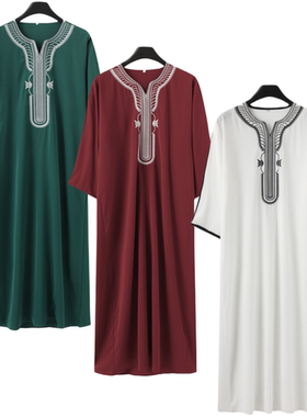 新款民族风中东穆斯林男士长袍刺绣摩洛哥长袍Men Gown Thobe