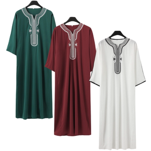 新款民族风中东穆斯林男士长袍刺绣摩洛哥长袍Men Gown Thobe