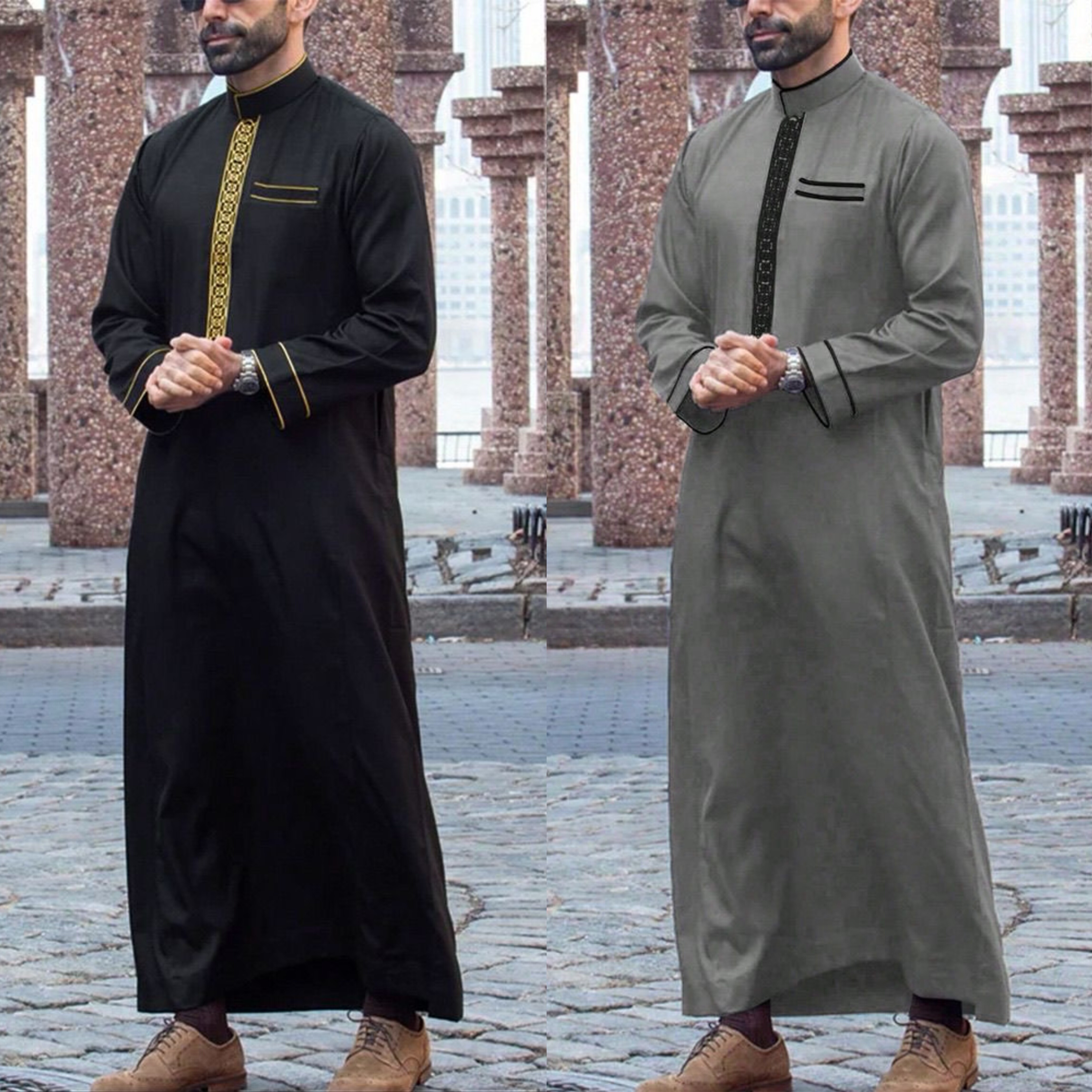 阿联酋男士长袍非洲阿拉伯民族服饰刺绣长袍长袖men's robe连体衣