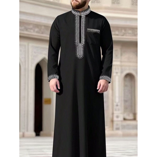 穆斯林中东男士长袍刺绣非洲民族服饰宽松摩洛哥男礼拜服长款长袍