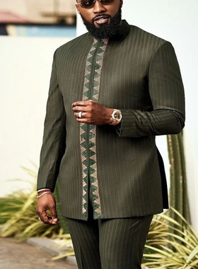 African Men Suits 外贸非洲风休闲长袖套头开衩男士套装阿拉伯