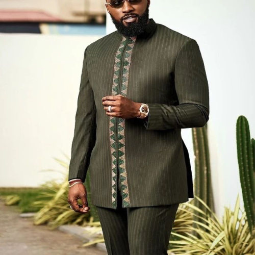 African Men Suits 外贸非洲风休闲长袖套头开衩男士套装阿拉伯