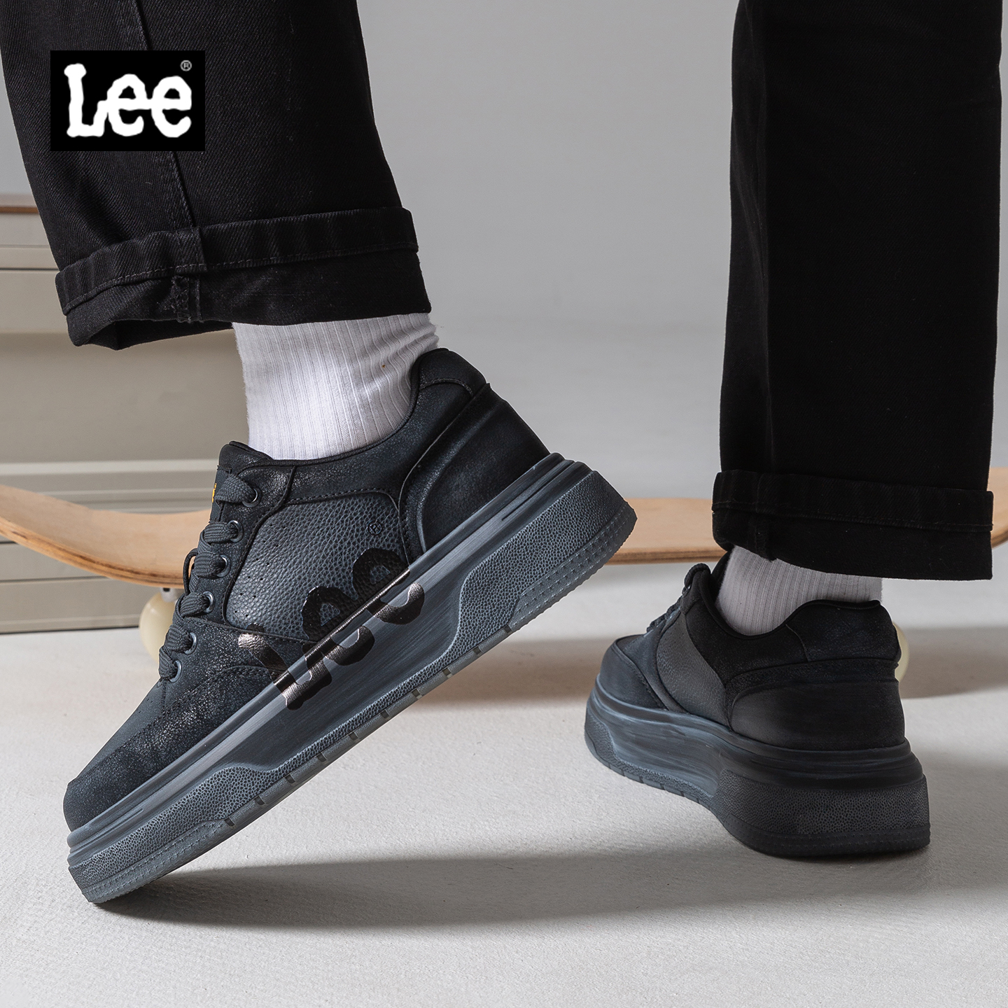 Lee厚底增高黑色休闲板鞋