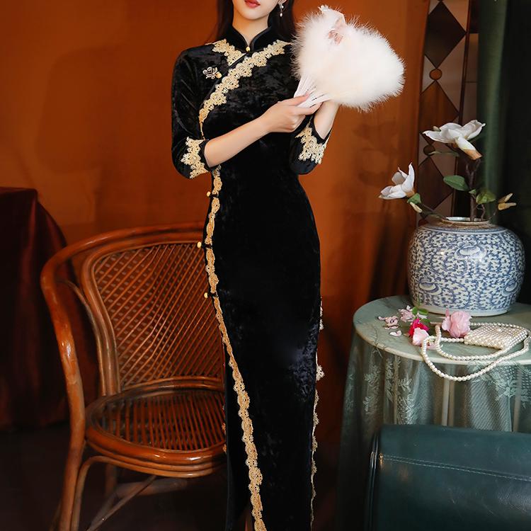 黑色丝绒旗袍2024新款高端修身秋冬民国大小姐日常气质长款连衣裙