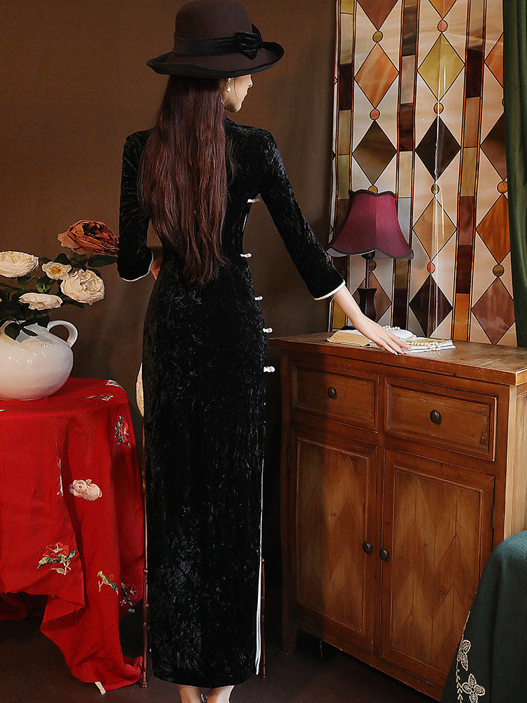 블랙 벨벳 치파오 새로운 스타일 2023 새로운 여성 가을 ??의류 하이 엔드 우아한 긴 연회 드레스 가을 겨울