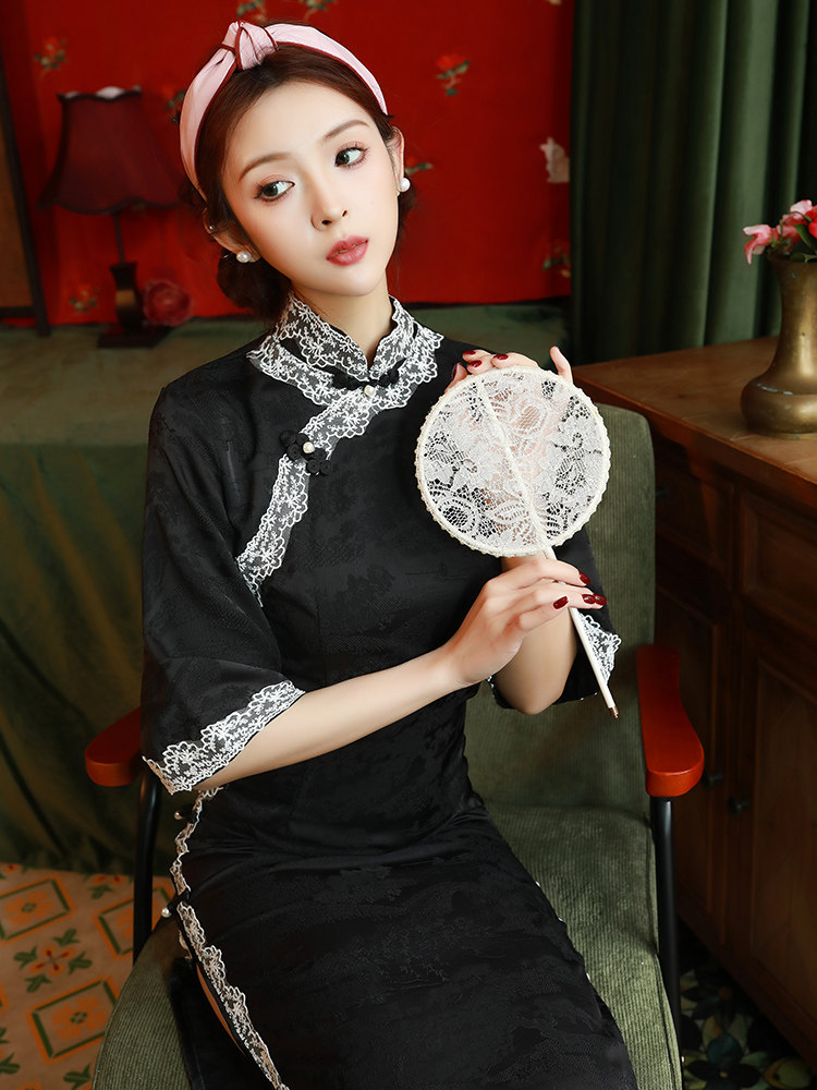 검은색 치파오 2023 민국 복고 중국 스타일의 옛 상하이 고급 기질 긴 드레스를 새롭게 개선했습니다