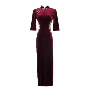 酒红色丝绒旗袍2022年新款气质优雅长款女复古中国风改良版连衣裙