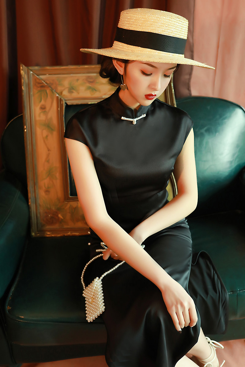 黑色蚀骨旗袍女民国复古中国风长款优雅老上海改良版修身连衣裙夏