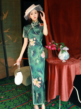 绿色高考送考旗袍2024新款复古民国风高端气质日常可穿长款连衣裙