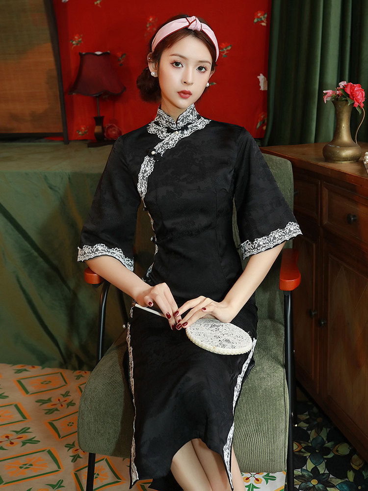 검은색 치파오 2023 민국 복고 중국 스타일의 옛 상하이 고급 기질 긴 드레스를 새롭게 개선했습니다