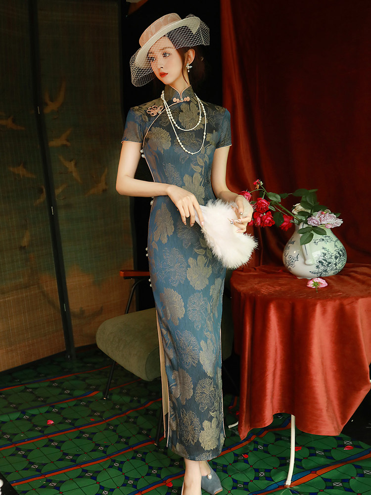 蓝色新中式旗袍2024新款女夏改良高端日常可穿高贵气质长款连衣裙,女装/女士精品,旗袍,淘宝优惠券,粉丝福利购,淘宝优惠卷