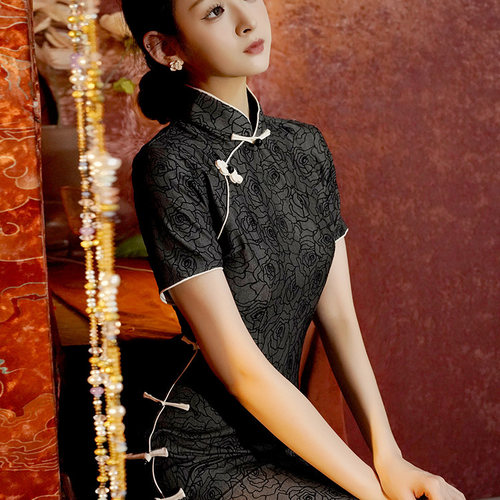 黑色老上海旗袍2025新款高端大气上档次复古名媛高级感长款连衣裙