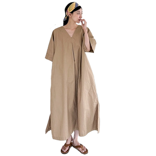 夏新款V领宽松长款A字裙女韩版休闲风过膝大码连衣裙百搭简约长裙