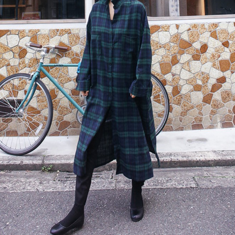 外套女休闲长款宽松过膝格子衬衫