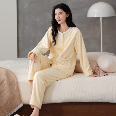 睡衣女冬珊瑚绒高级感时尚开衫保暖法兰绒加厚加绒冬季圆领居家服