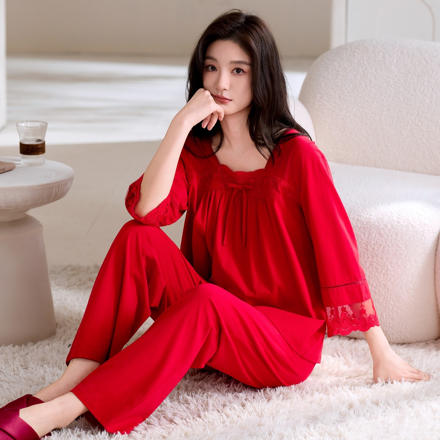 2025新款宫廷公主风莫代尔棉长袖睡衣女大红新婚春秋本命年家居服