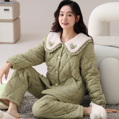冬季三层加厚纯棉夹棉保暖睡衣女