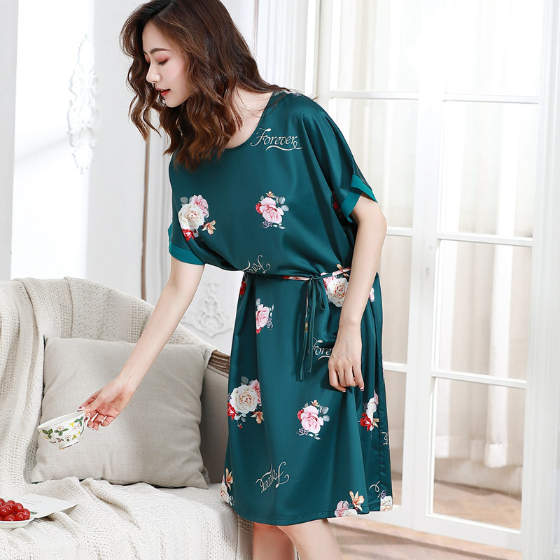 睡裙女士夏季薄款冰丝短袖睡衣中长中年妈妈仿真丝绸家居服连衣裙