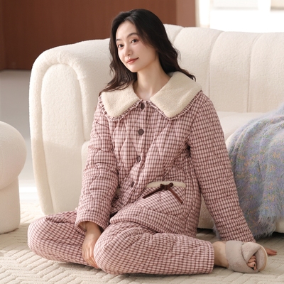 加绒三层梭织夹棉睡衣女士加厚珊瑚绒保暖棉袄冬季纯棉全棉居家服