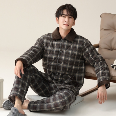 男士梭织夹棉纯棉睡衣居家服冬天珊瑚绒加绒加厚三层保暖全棉棉袄