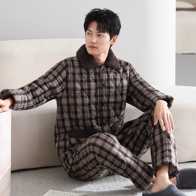 加厚加绒冬季夹棉睡衣男梭织纯棉保暖三层珊瑚绒棉袄居家服可外穿