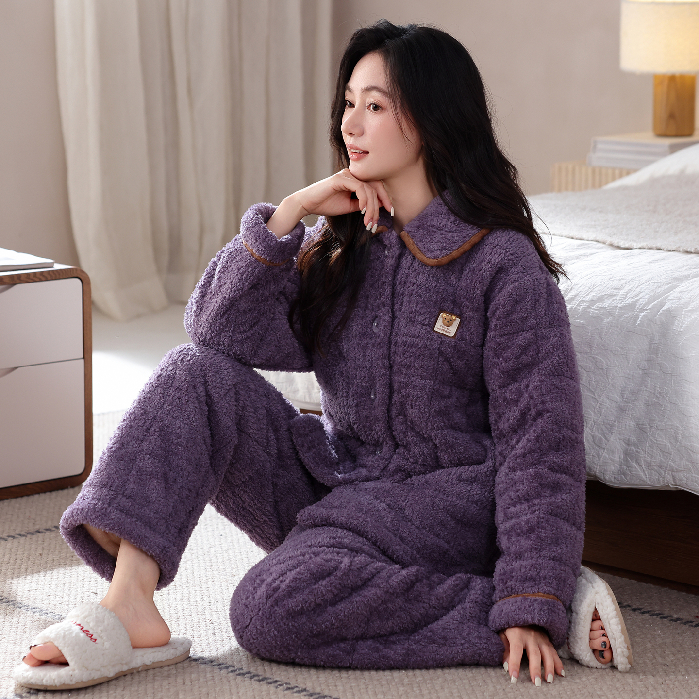 冬季三层夹棉保暖珊瑚绒睡衣女加厚开衫法兰绒加绒宽松家居服棉袄