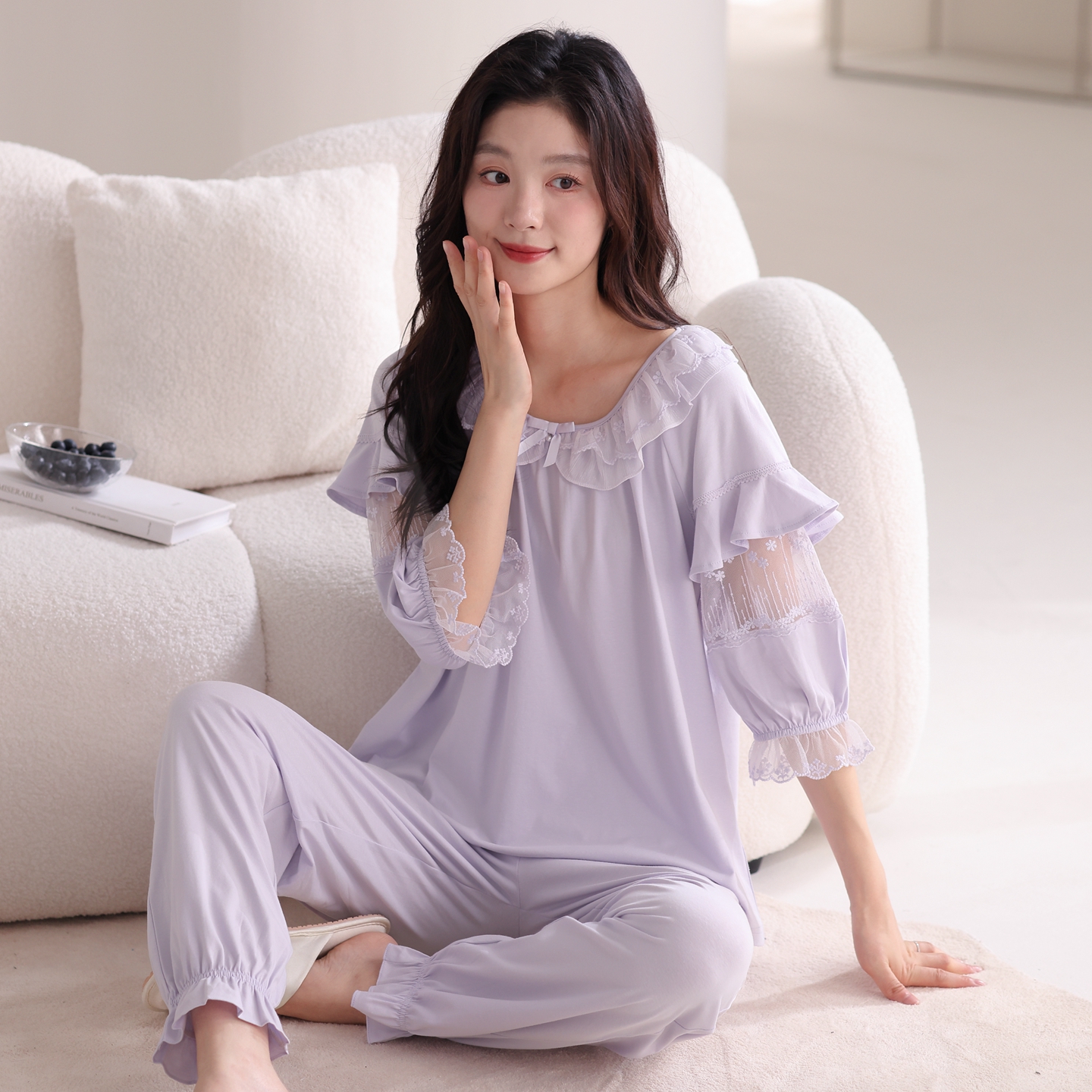 睡衣女秋纯棉宽松中袖高级感公主风全棉薄款家居服八分袖长裤套装