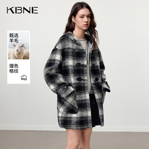 【大粒儿粉丝专享】黑白格纹牛角扣连帽羊毛大衣女750941917