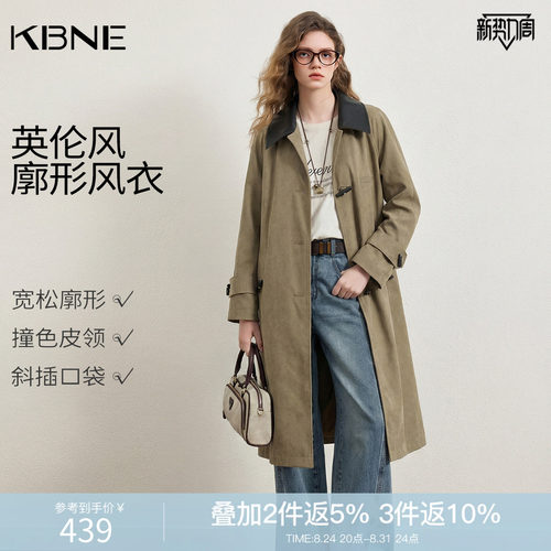 KBNE复古英伦风撞色仿牛仔长款风衣女2026秋季新款宽松牛角扣外套