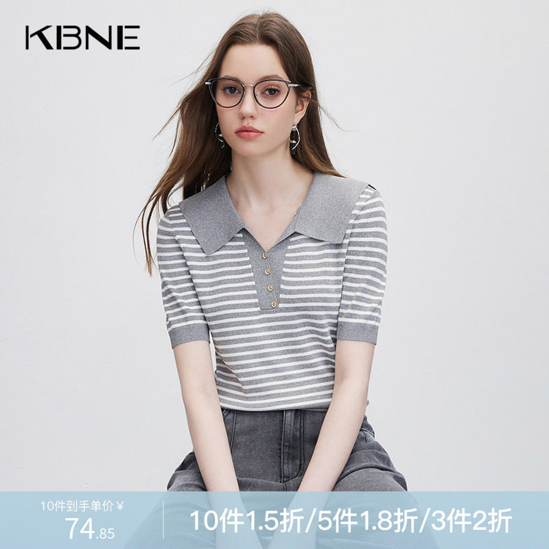 针织衫女短袖polo条纹打底衫7404390391