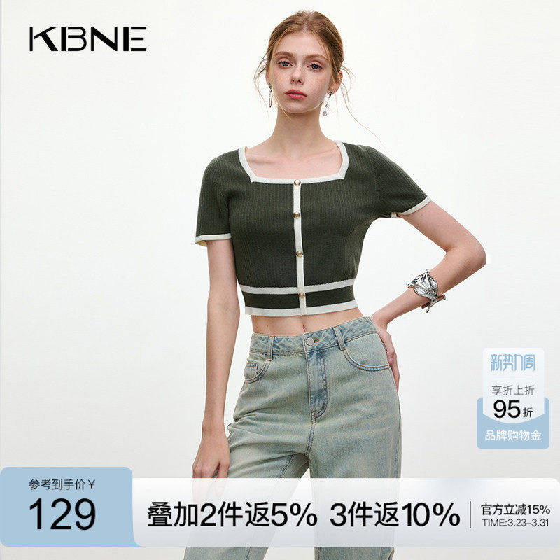 KBNE短袖针织衫女绿色法式方领羊毛上衣2026年夏季新款小个子上衣