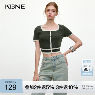新款 KBNE短袖 方领羊毛上衣2026年夏季 女绿色法式 小个子上衣 针织衫