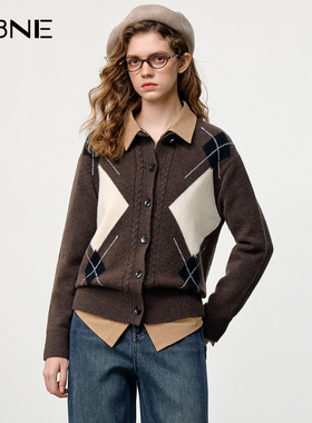 KBNE32支色纺羊剪绒菱格毛衣开衫外套女2025冬季新款绞花针织上衣