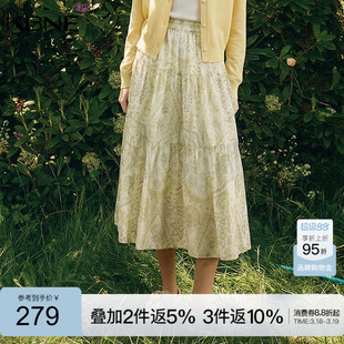 KBNE莱赛尔亚麻a字半身裙女2026春季新款蛋糕裙复古印花百褶裙子