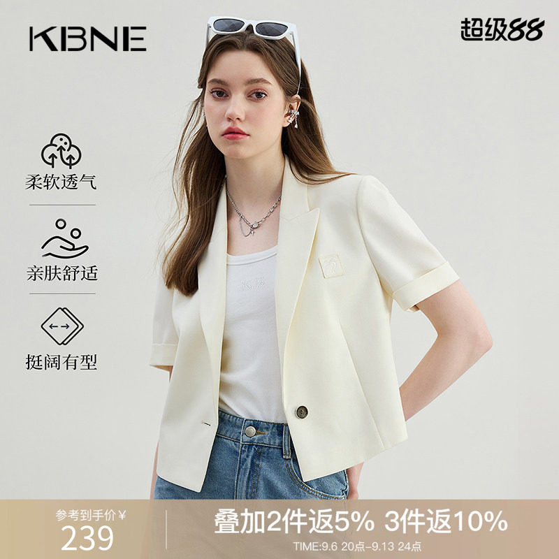 KBNE米色短袖西装外套女仿麻夏季新款气质西服修身慵懒上衣夹克图片