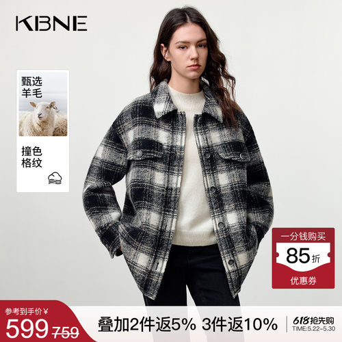 KBNE奥利奥羊毛黑白格纹衬衫式毛呢外套女2025冬季新款复古呢大衣