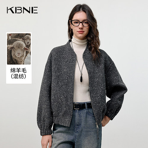 【大粒儿粉丝专享】棒球领芝麻点羊毛混纺毛呢外套女750928303