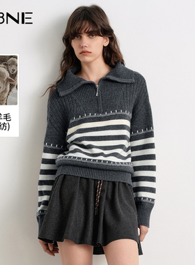 KBNE绵羊毛海军领条纹针织衫女2025冬季新款时尚宽松毛衫长袖毛衣