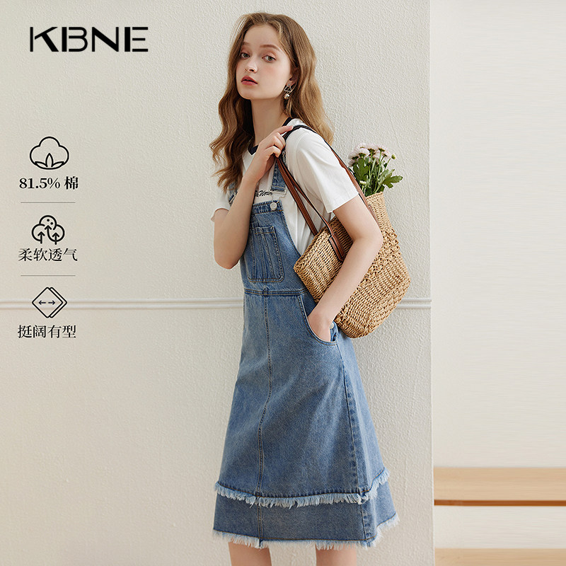 KBNE蓝色牛仔背带裙连衣裙女夏季新款棉质复古小个子宽松显瘦裙子图片