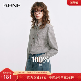 KBNE纯棉格纹衬衫米色气质衬衣女25秋季新款长袖上衣法式翻领小衫