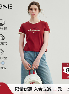 KBNE红色短袖T恤女圆领100%棉上衣夏季新款复古印花独特别致小衫