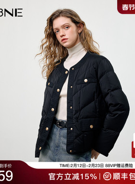 KBNE长袖短款黑色轻薄羽绒服2025冬季新款圆领防风保暖外套秋冬女